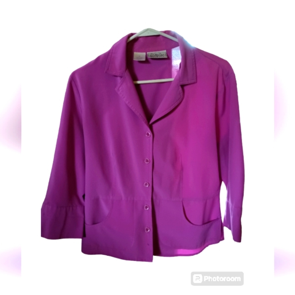 Kathy Che stretch Pink button up quarter sleeve lilac blouse with pockets